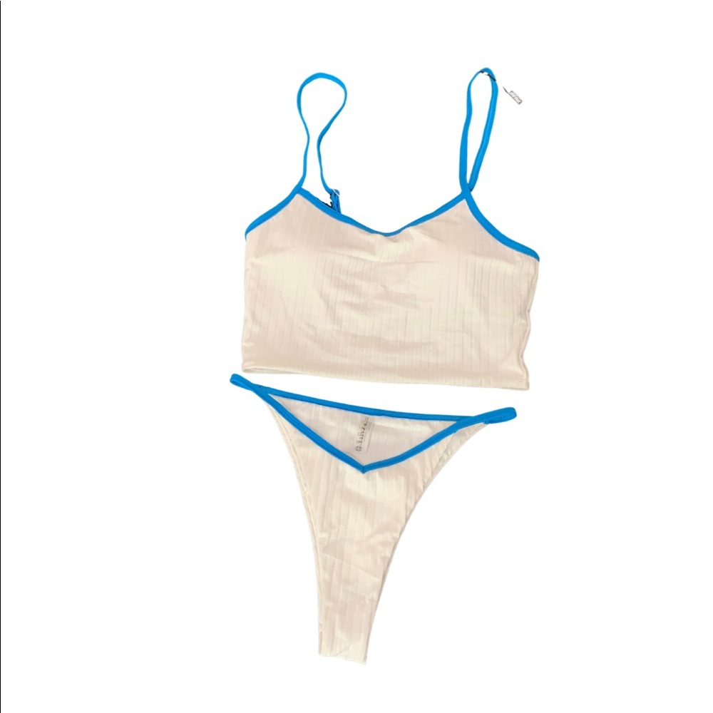 ZAFUL White Ribbed Blue Contrast Trim High-cut Tankini